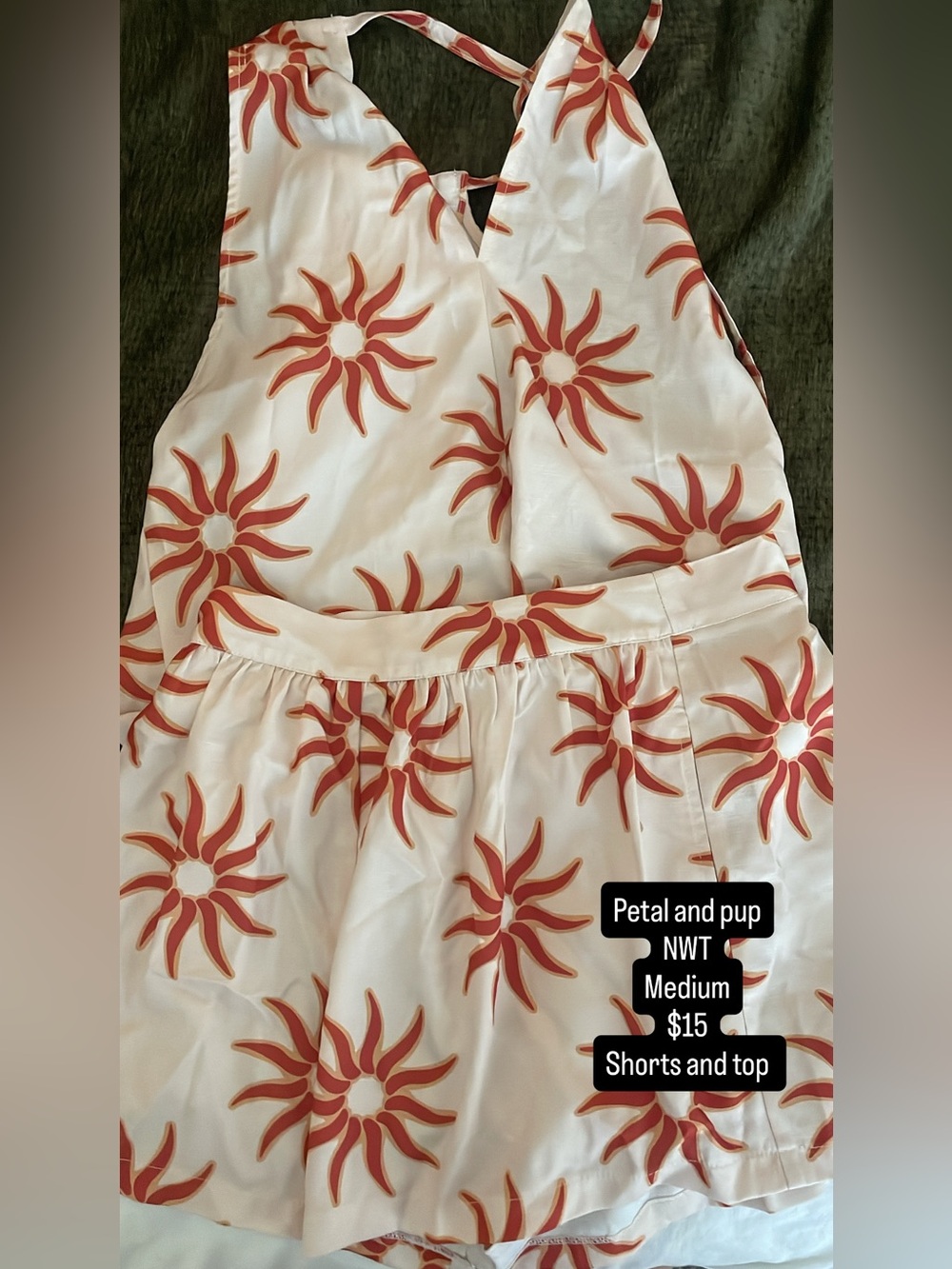 Petal & Pup White Top and Shorts Set with Coral Sunburst Print